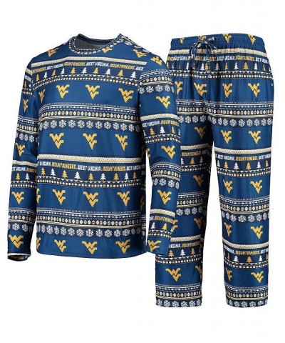 Men's Navy West Virginia Mountaineers Ugly Sweater Long Sleeve T-shirt and Pants Sleep Set $33.00 Pajama