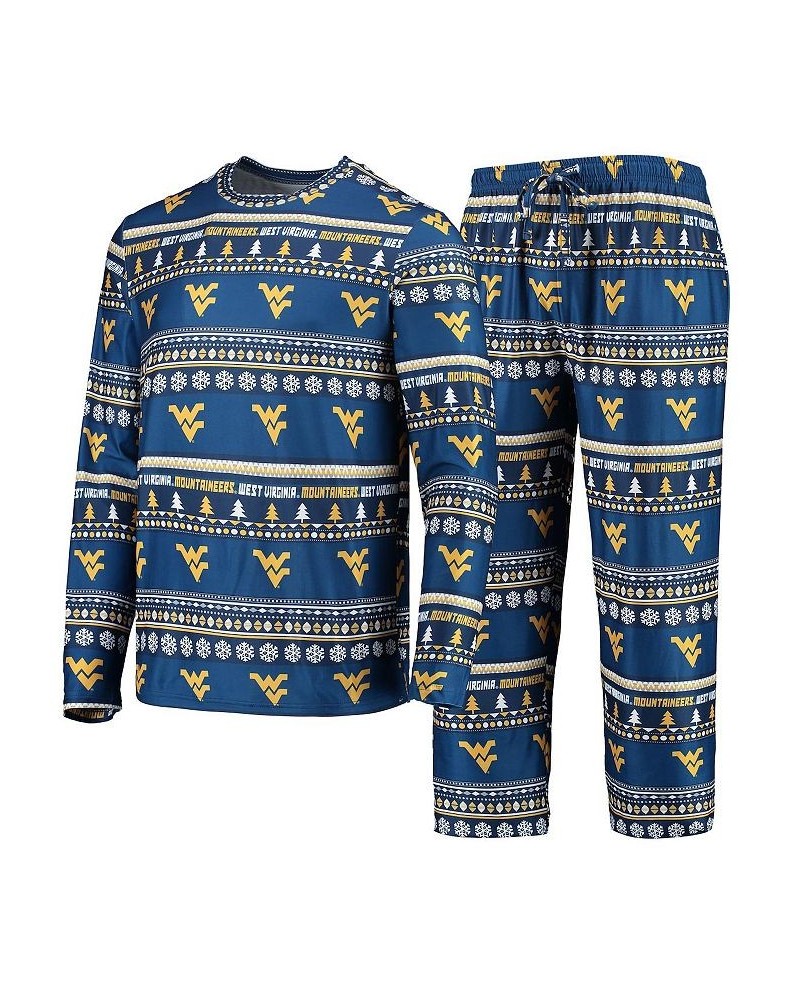 Men's Navy West Virginia Mountaineers Ugly Sweater Long Sleeve T-shirt and Pants Sleep Set $33.00 Pajama