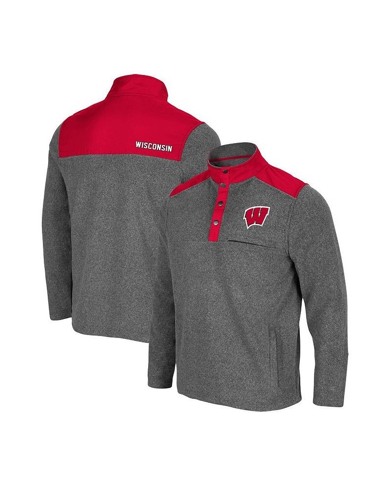 Men's Heathered Charcoal, Red Wisconsin Badgers Huff Snap Pullover $38.24 Sweatshirt