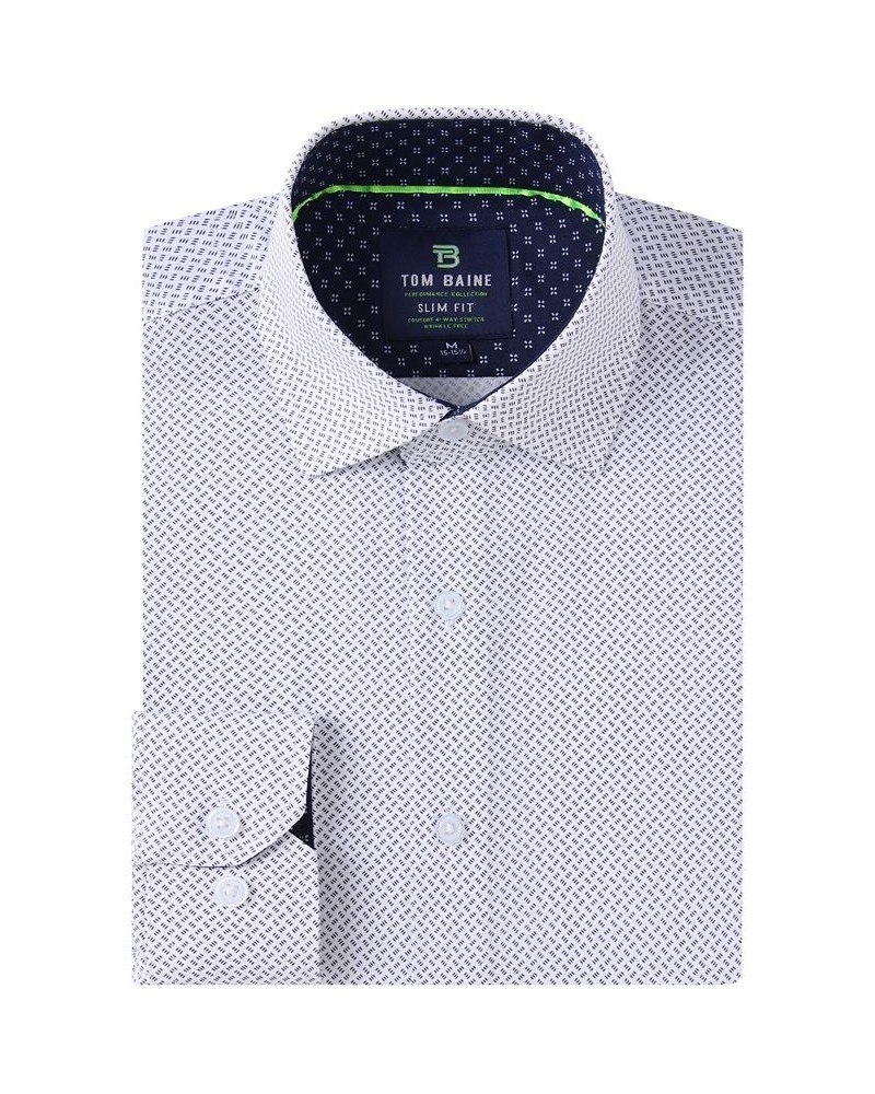 Men's Slim Fit Performance Long Sleeve Geometric Dress Shirt White Geo $18.45 Dress Shirts