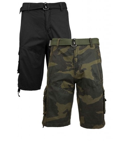 Men's Belted Cargo Shorts with Twill Flat Front Washed Utility Pockets, Pack of 2 Black and Woodland Camo $36.40 Shorts