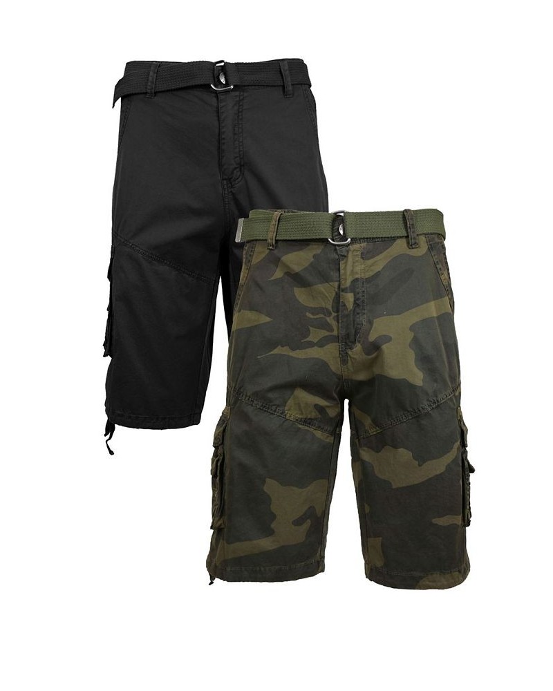 Men's Belted Cargo Shorts with Twill Flat Front Washed Utility Pockets, Pack of 2 Black and Woodland Camo $36.40 Shorts