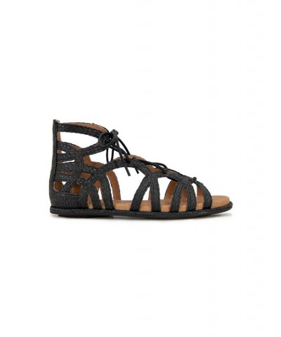 Women's Break My Heart Lace Up Gladiator Flat Sandals Black $76.32 Shoes