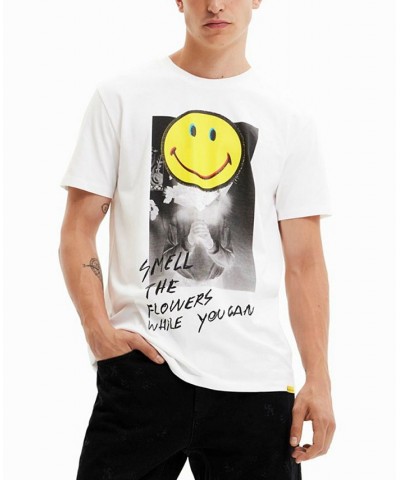 Men's Classic Fit Short-Sleeve Smell The Flowers Smiley Graphic T-Shirt White $44.08 T-Shirts