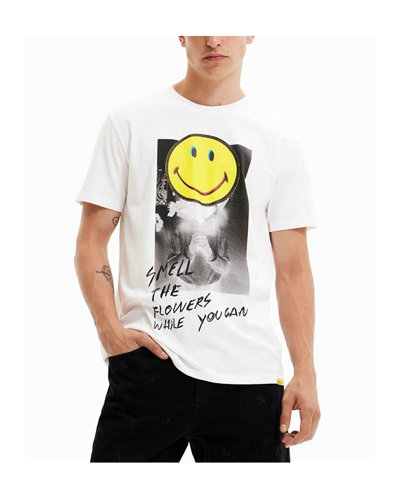 Men's Classic Fit Short-Sleeve Smell The Flowers Smiley Graphic T-Shirt White $44.08 T-Shirts