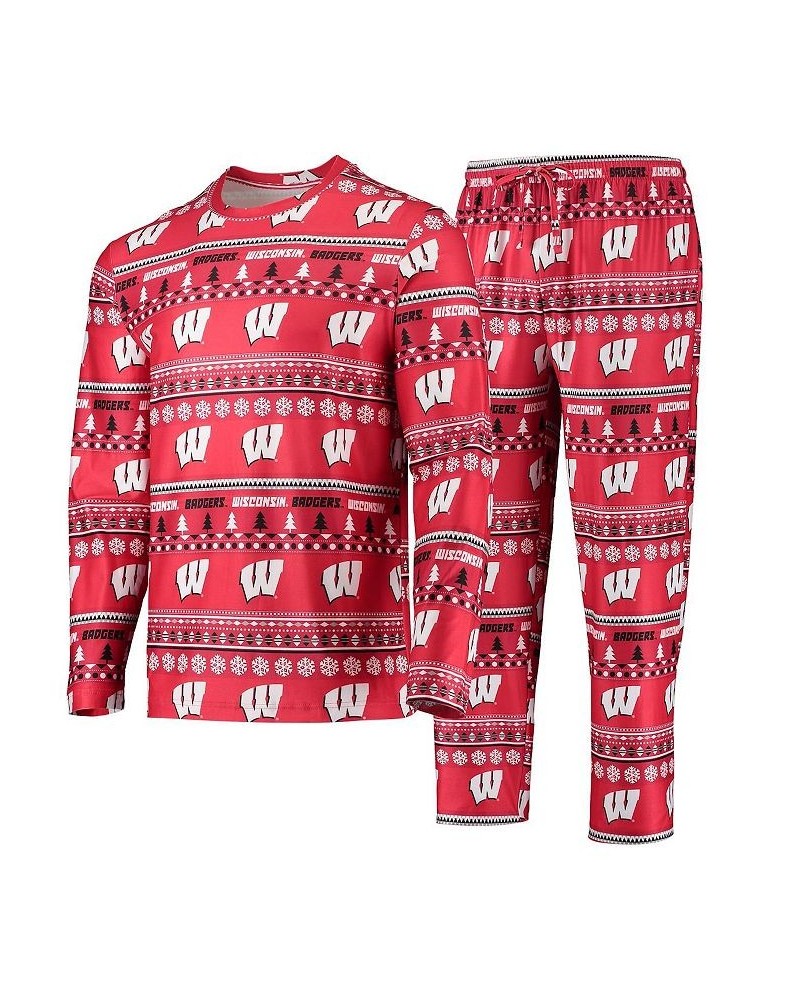 Men's Red Wisconsin Badgers Ugly Sweater Long Sleeve T-shirt and Pants Sleep Set $38.24 Pajama