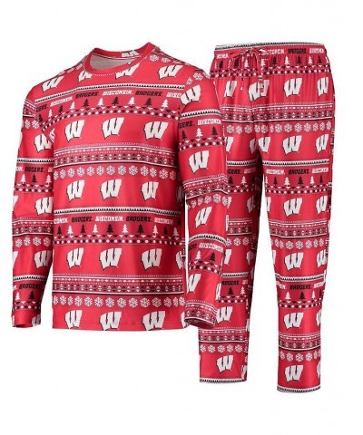 Men's Red Wisconsin Badgers Ugly Sweater Long Sleeve T-shirt and Pants Sleep Set $38.24 Pajama