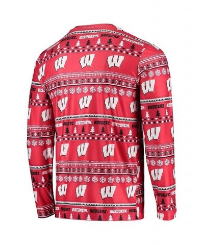 Men's Red Wisconsin Badgers Ugly Sweater Long Sleeve T-shirt and Pants Sleep Set $38.24 Pajama