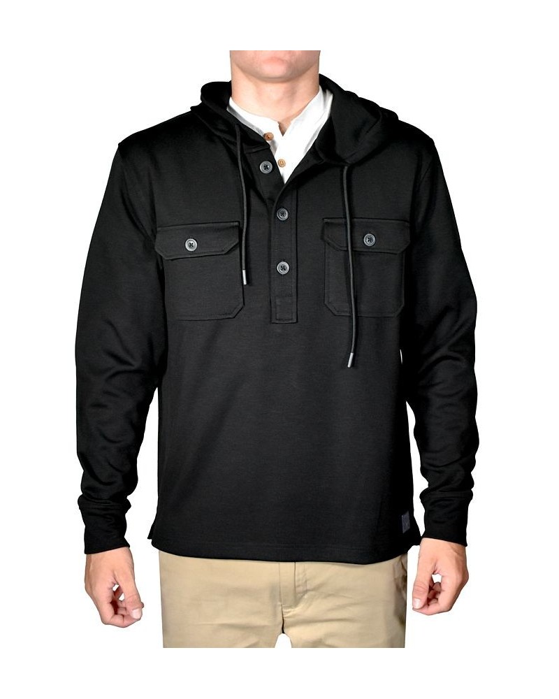 Men's Slub Knit Solid Drawstring Hoodie Black $52.50 Sweaters