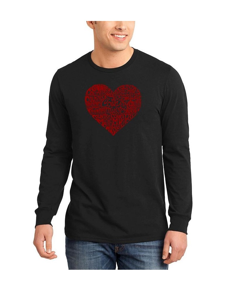 Men's Country Music Heart Word Art Long Sleeve T-shirt Black $18.80 T-Shirts