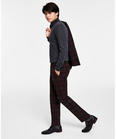 Men's Slim-Fit Burgundy Plaid Suit Separate Pants Red $39.20 Suits