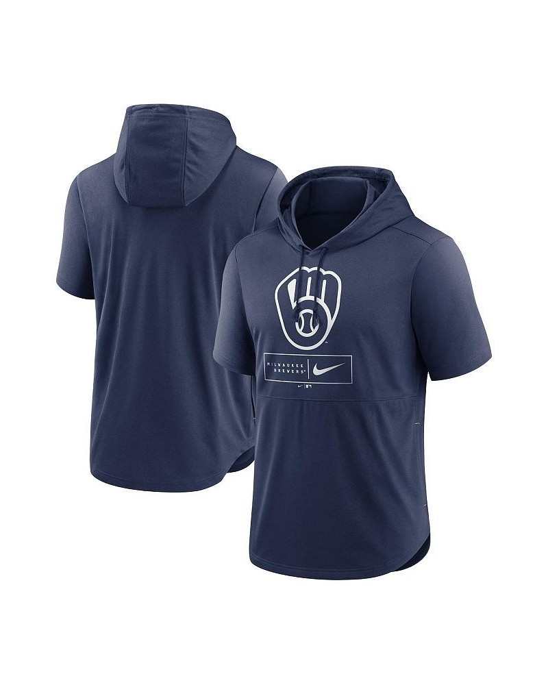 Men's Navy Milwaukee Brewers Logo Lockup Performance Short-Sleeved Pullover Hoodie $35.69 Sweatshirt